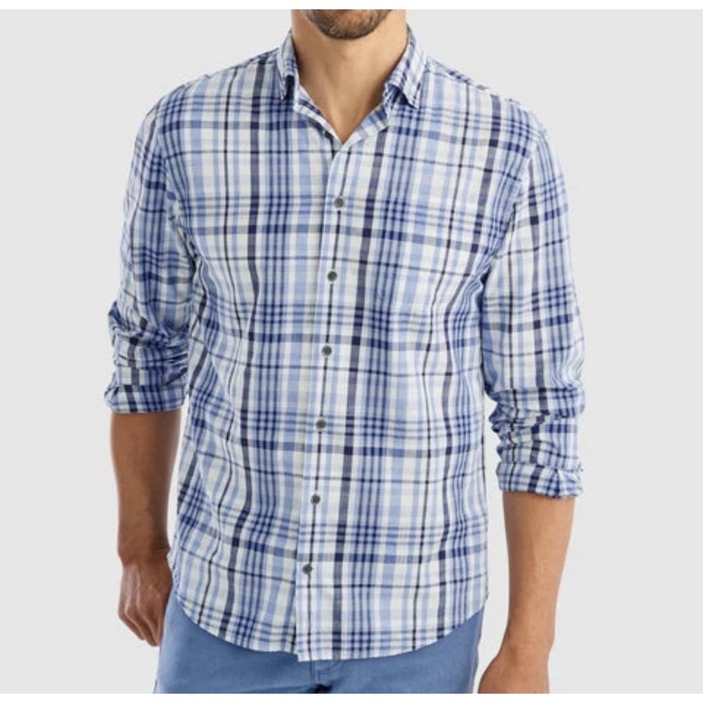 Johnnie-O Blakely Hangin'‎ Out Button Up Shirt XL Blue Plaid Cotton Bamboo Blend